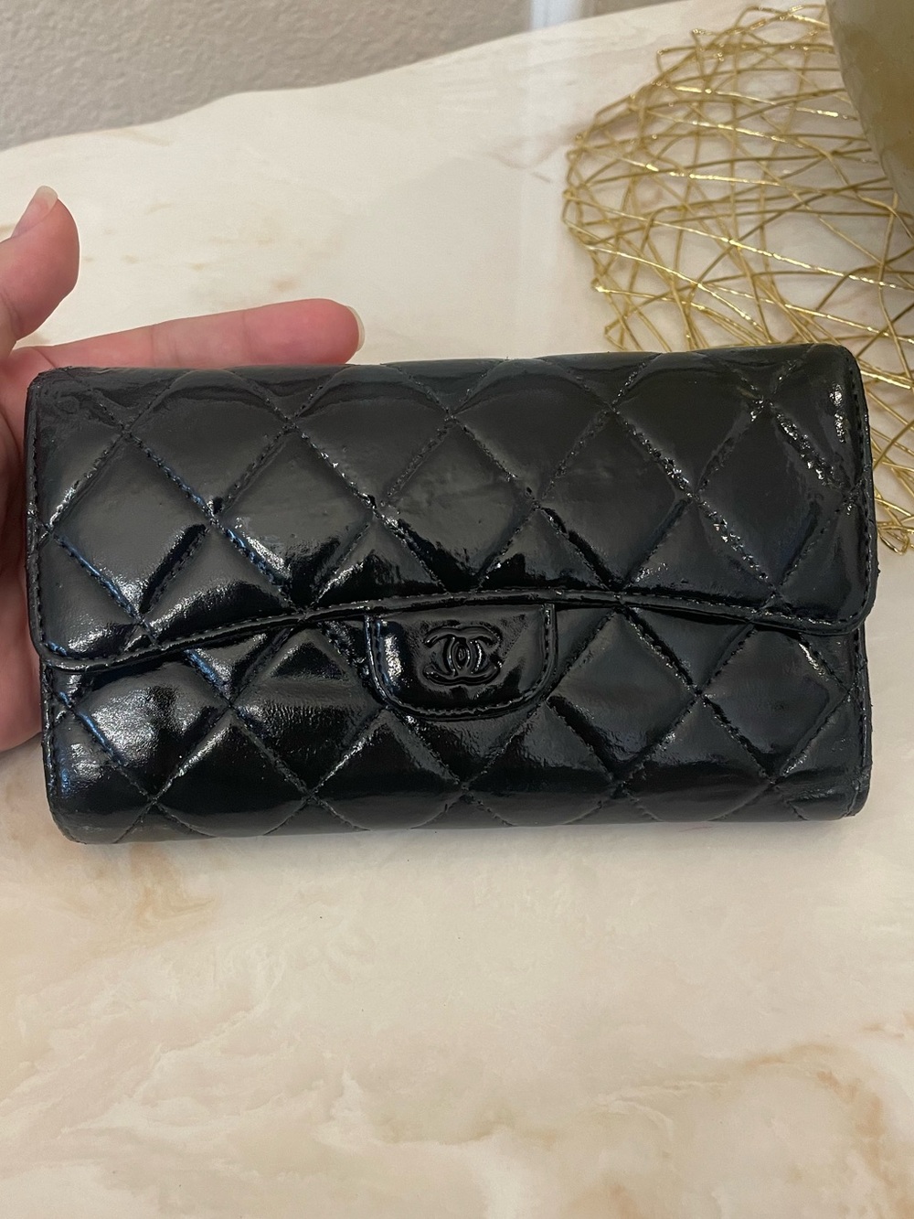 Chanel so black flap patent quilted classic wallet repaired